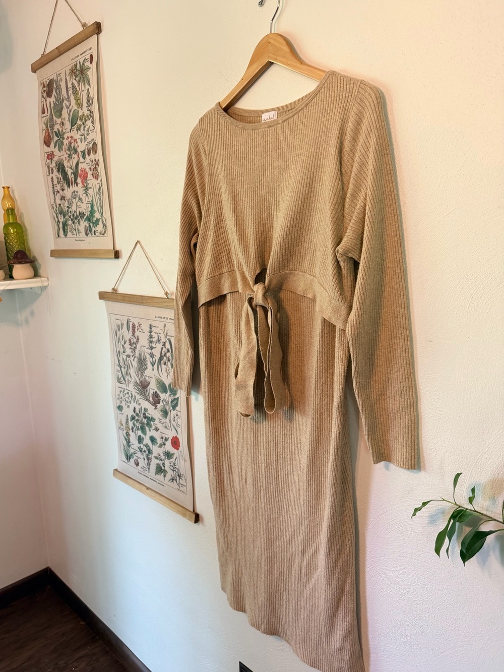 Isabel Maternity by Ingrid & Isabel Ribbed Tie- Large - Waist Knit Dress in Tan